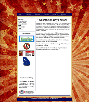 This is a website created for a local Constitutation Day Festival. The background is a photo manuplation, and the top bar navigation is a drop menu bar